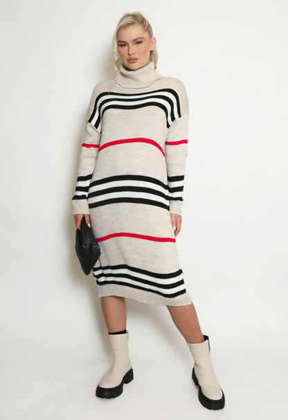Beige Stripe Roll Neck Jumper Dress