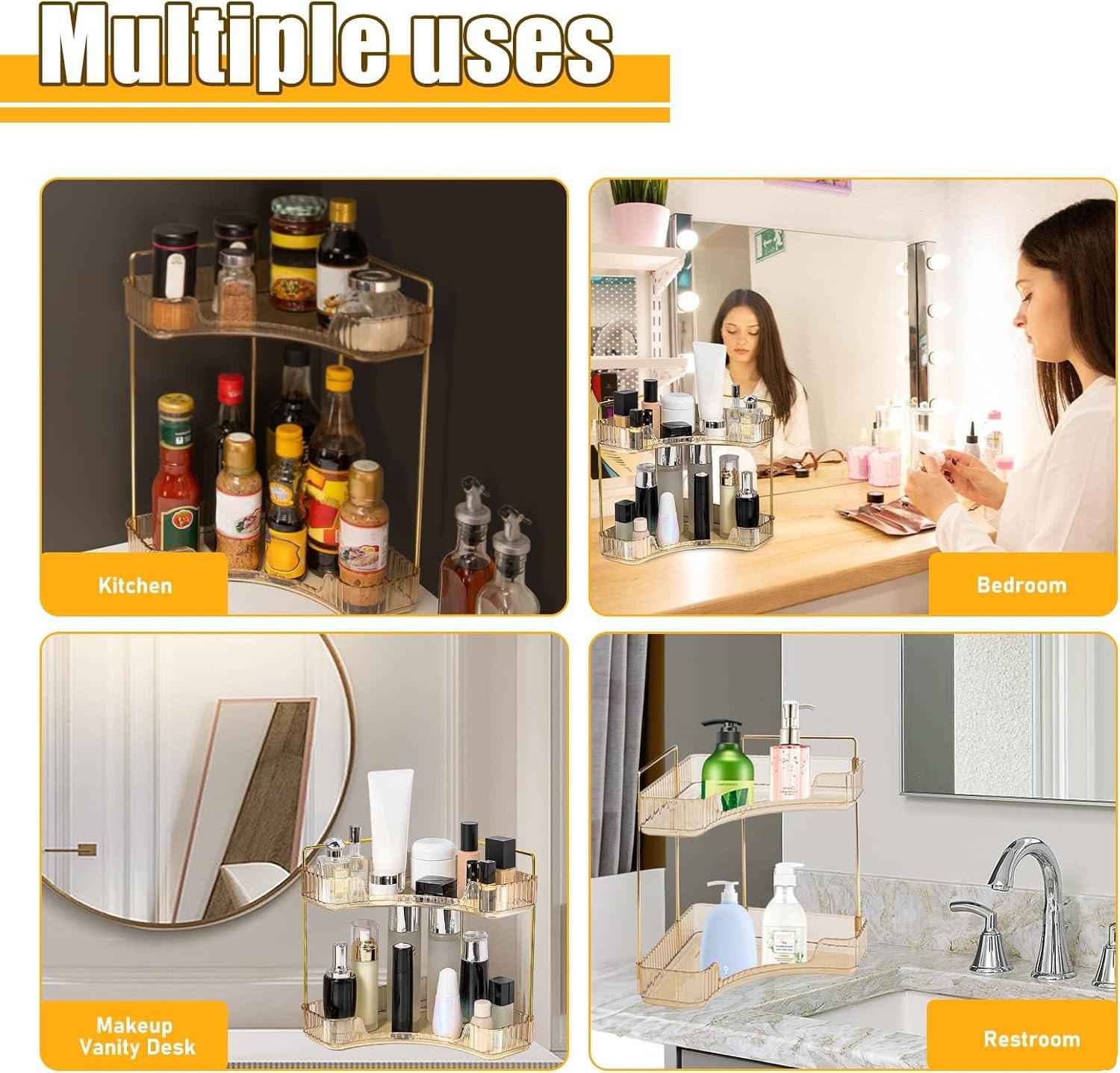 Makeup Organizer Perfume Cosmetic Storage with 2 Layers Gold