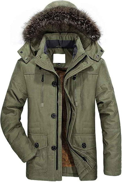 Mens Parka Jacket Winter Warm Fleece Coat With Fur Hood, Size M,Army Green