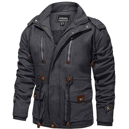 Mens Military Tactical Fleece Jacket Hooded Cotton Warm, Grey, Size L