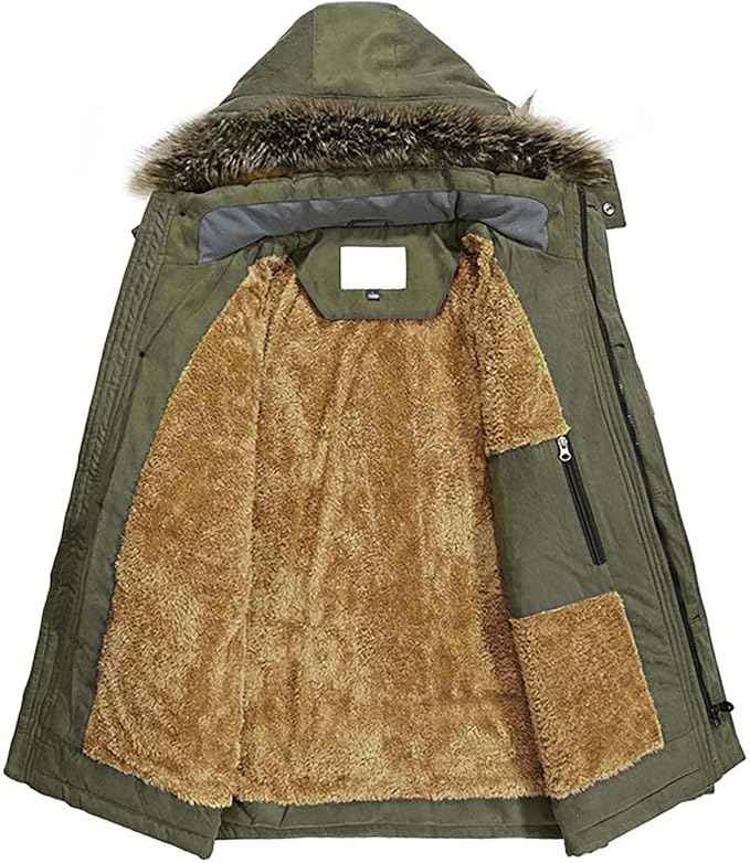 Mens Parka Jacket Winter Warm Fleece Coat With Fur Hood, Size M,Army Green
