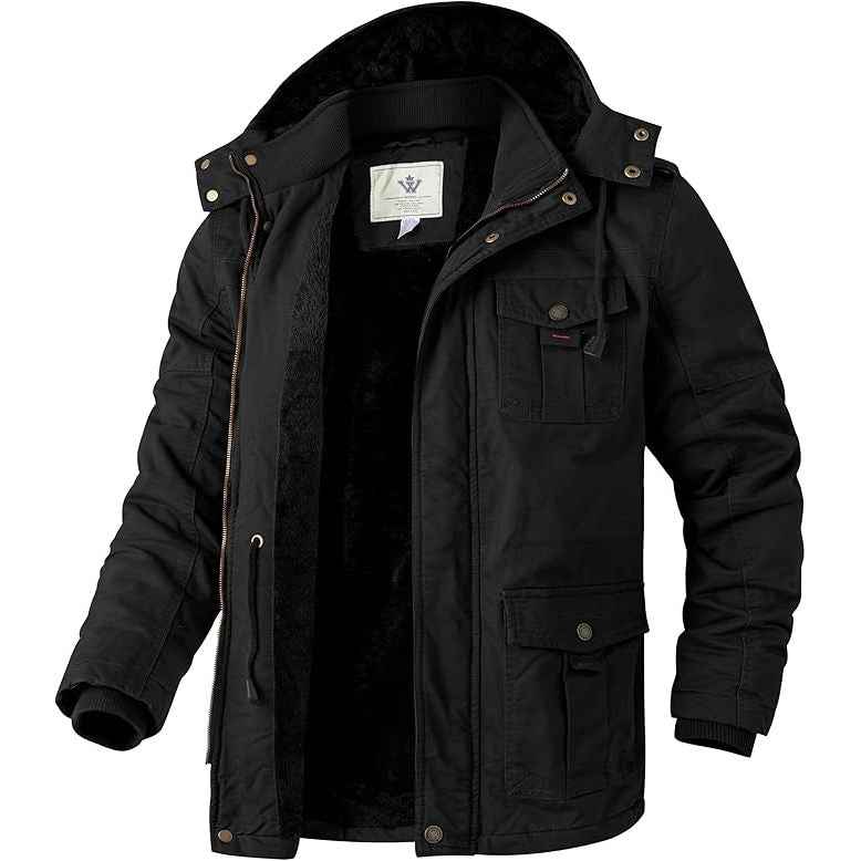 Mens Winter Parka Jacket Thick Fleece Lining Hooded Coat WenVen, Black
