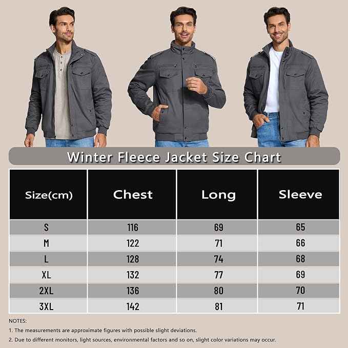 Mens Winter Fleece Cargo Jacket Thick Military Bomber Grey Size L KEFITEVD