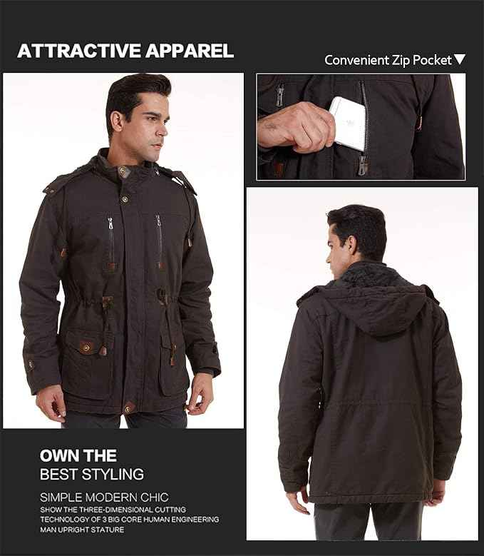 Mens Military Tactical Fleece Jacket Hooded Cotton Warm, Grey, Size L