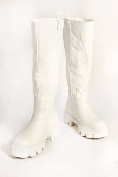 White Chunky Sole Side Zip Calf length Biker Boots