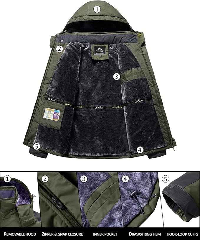 Mens Winter Ski Jacket Water Repellent Warm Lined Outdoor Coat, Size L