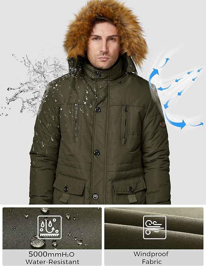 Mens Fleece Jacket Windbreaker Parka Removable Hood Army Green S WenVen