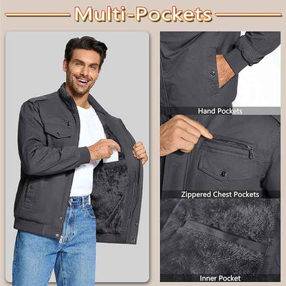 Mens Winter Fleece Cargo Jacket Thick Military Bomber Grey Size L KEFITEVD