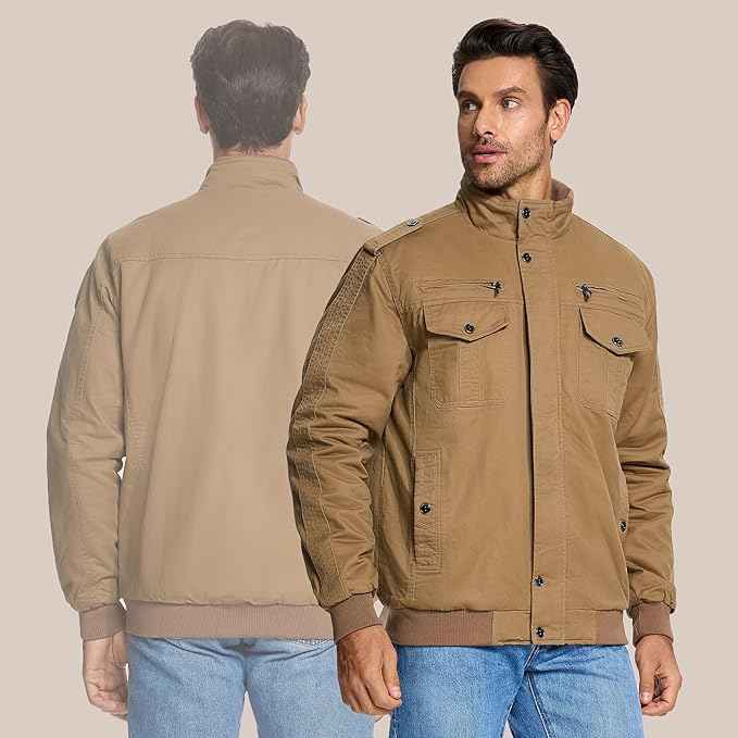 Mens Military Bomber Jacket Cargo Cotton Windbreaker Brown Size XL KEFITEVD