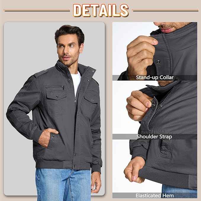 Mens Winter Fleece Cargo Jacket Thick Military Bomber Grey Size L KEFITEVD