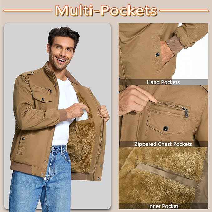 Mens Military Bomber Jacket Cargo Cotton Windbreaker Brown Size XL KEFITEVD