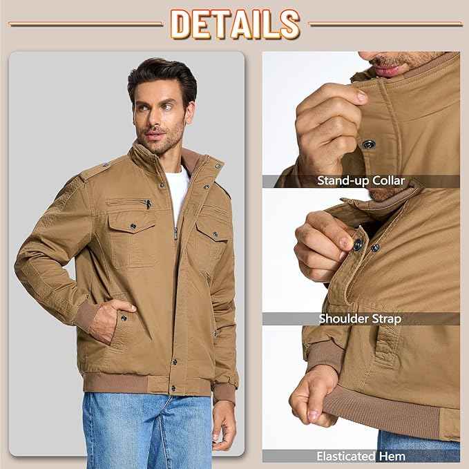 Mens Military Bomber Jacket Cargo Cotton Windbreaker Brown Size XL KEFITEVD