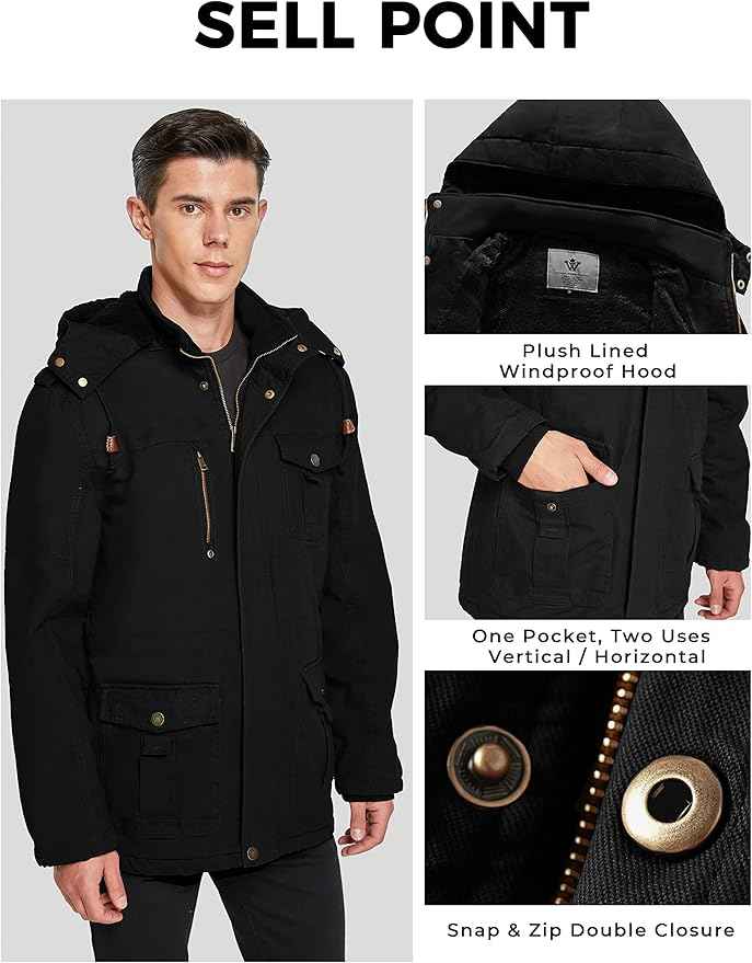 Mens Winter Parka Jacket Thick Fleece Lining Hooded Coat WenVen, Black