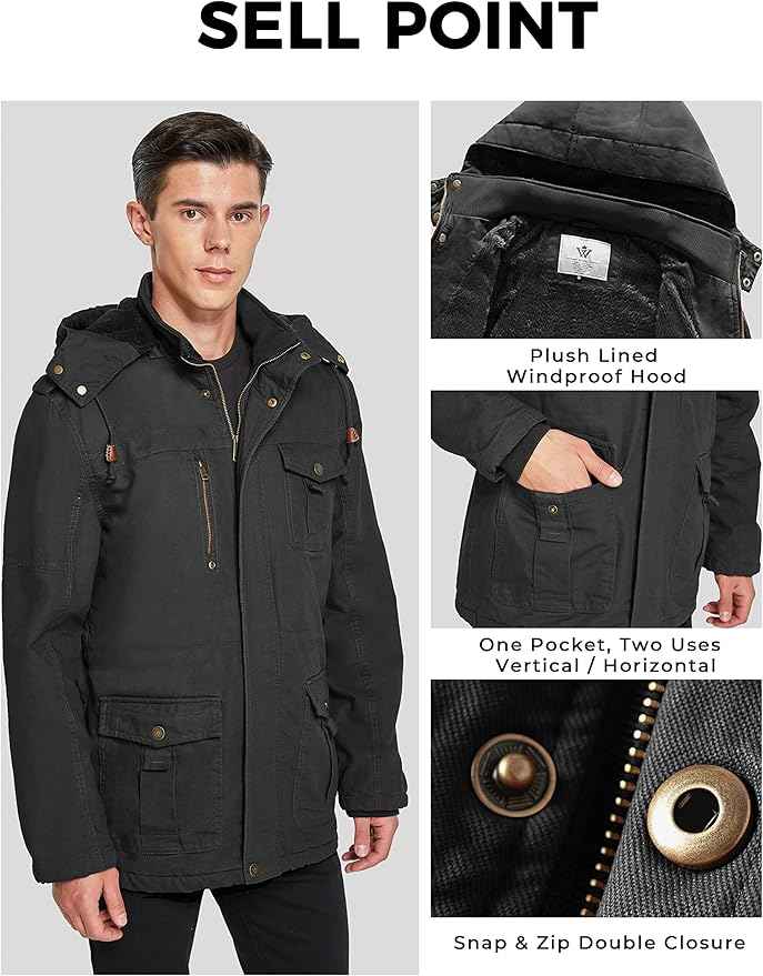 Mens Winter Parka Jacket Thick Fleece Lining Hooded Coat WenVen, Size M
