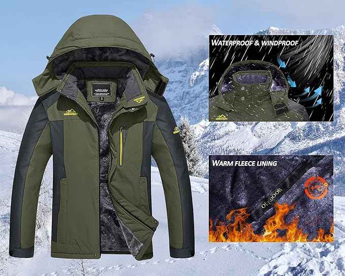 Mens Winter Ski Jacket Water Repellent Warm Lined Outdoor Coat, Size L