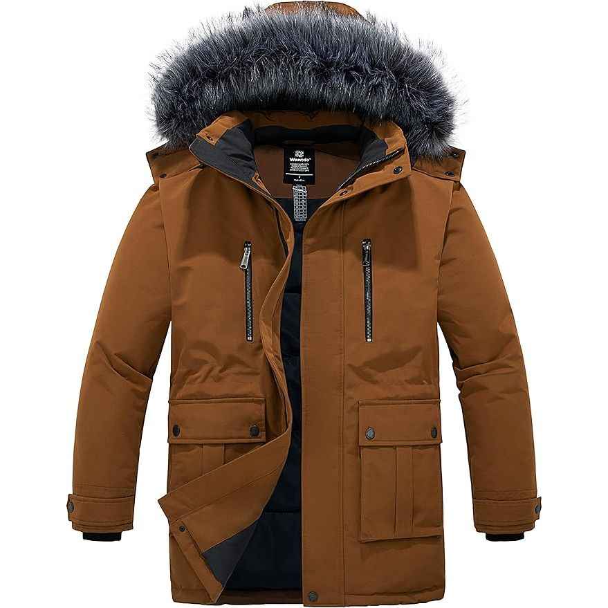 Mens Long Winter Puffer Jacket Windproof Cotton Padded Brown Size S