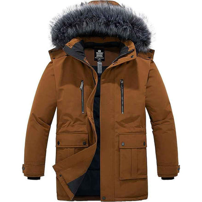 Mens Long Winter Puffer Jacket Windproof Cotton Padded Brown Size S