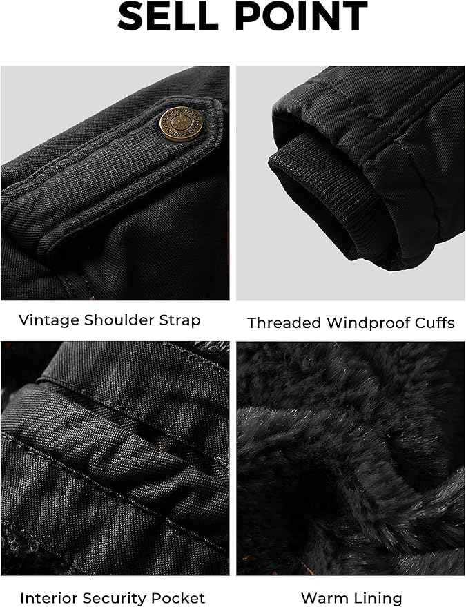 Mens Winter Parka Jacket Thick Fleece Lining Hooded Coat WenVen, Black