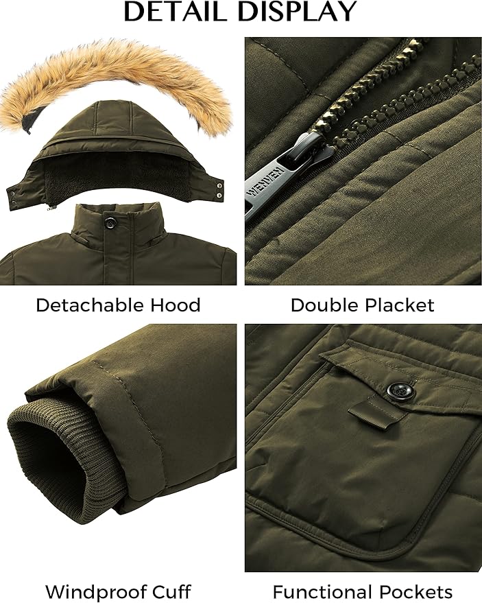 Mens Fleece Jacket Windbreaker Parka Removable Hood Army Green S WenVen