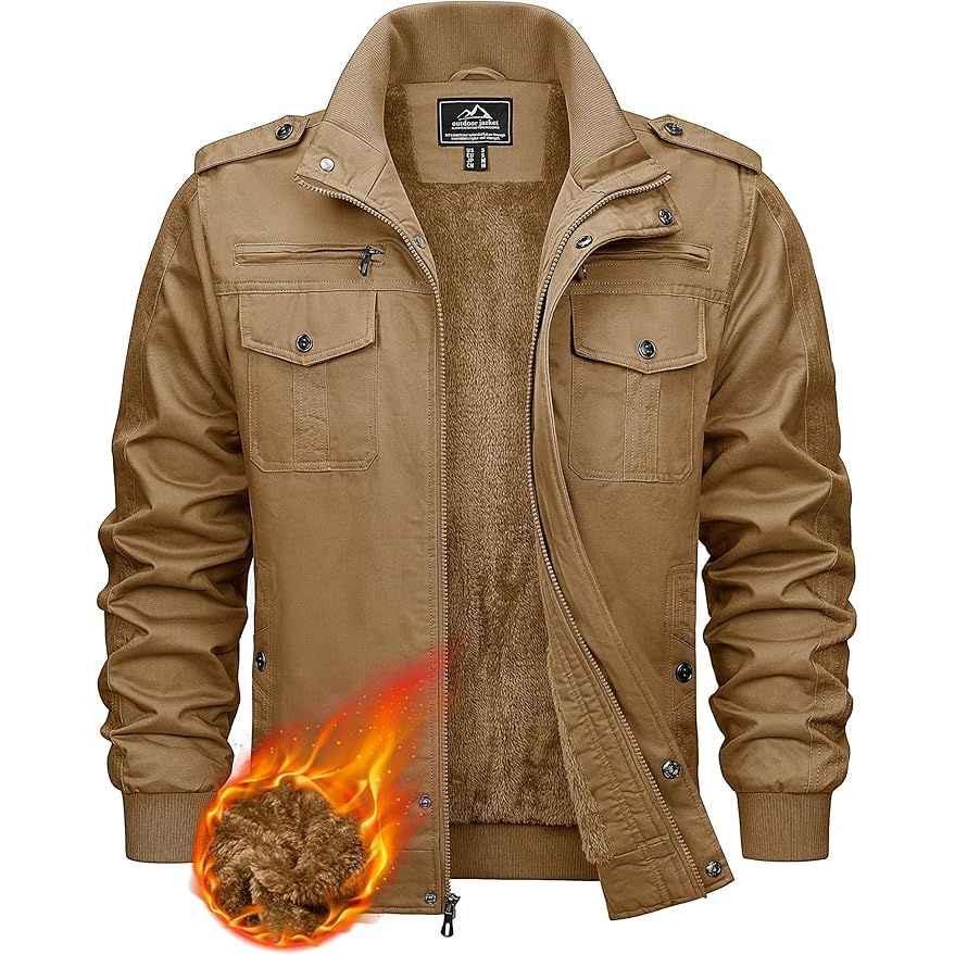 Mens Military Bomber Jacket Cargo Cotton Windbreaker Brown Size XL KEFITEVD