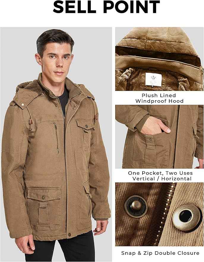 Mens Winter Parka Jacket Thick Fleece Lining Hooded Coat WenVen, Size XL