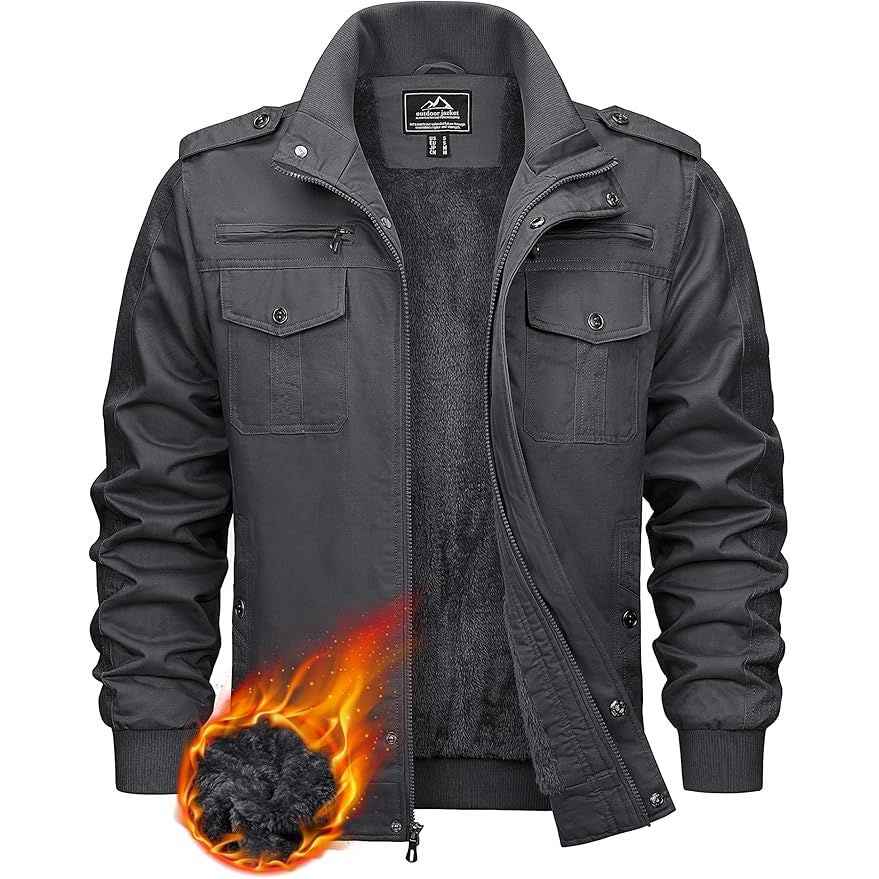 Mens Winter Fleece Cargo Jacket Thick Military Bomber Grey Size L KEFITEVD