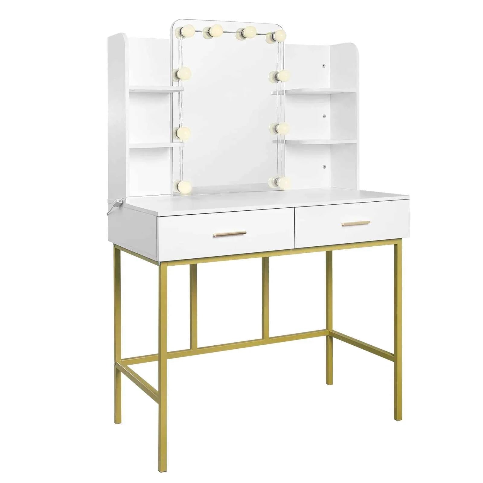 White Gold Vanity Desk with Mirror LED Lighting 2 Drawers Modern Dresser Dressing Table Makeup Table for Bedroom Household Home