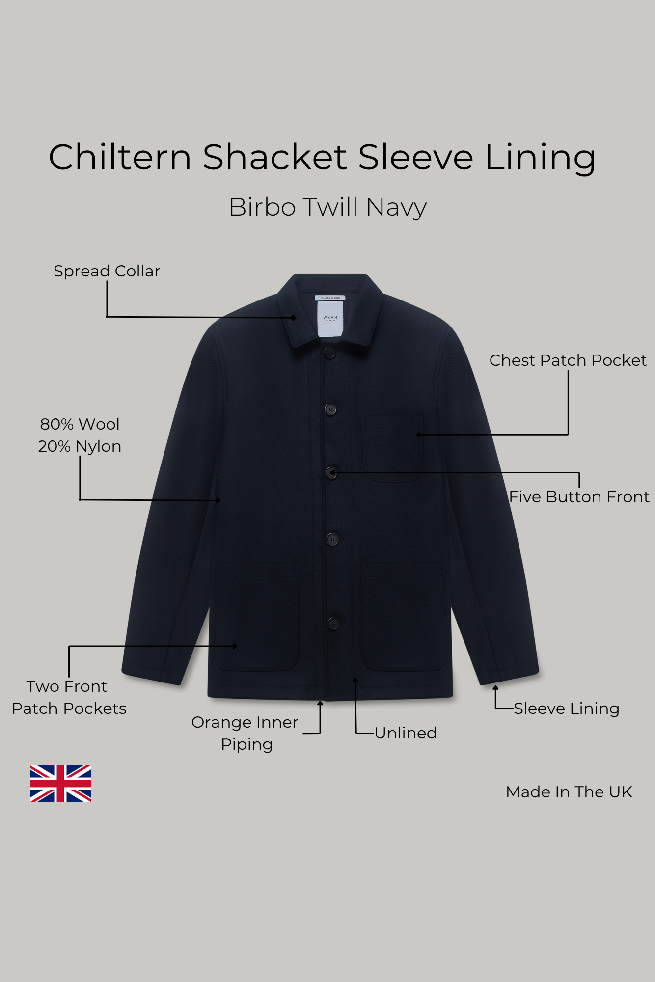 Chiltern Shacket Sleeve Lining - Birbo Twill Navy