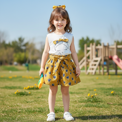 Printed two piece shorts and top. With bow. In yellow.
