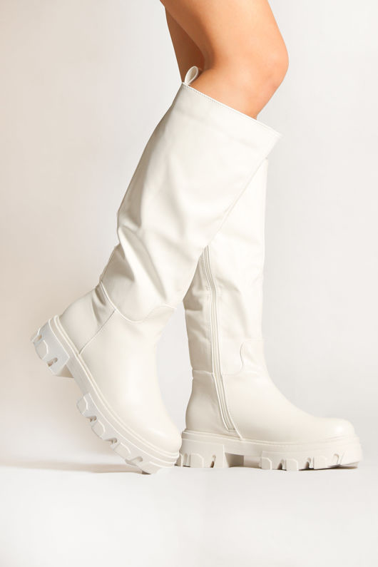 White Chunky Sole Side Zip Calf length Biker Boots