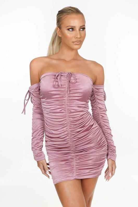 Rushed mini dress, off the shoulders in black and pink