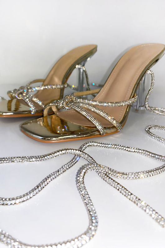 Gold Lace up Diamante Strap Metallic Heels