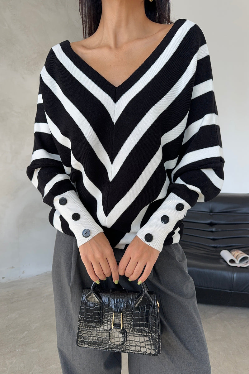BLACK OFF-SHOULDER STRIPED KNIT SWEATER WITH BUTTON DETAILS