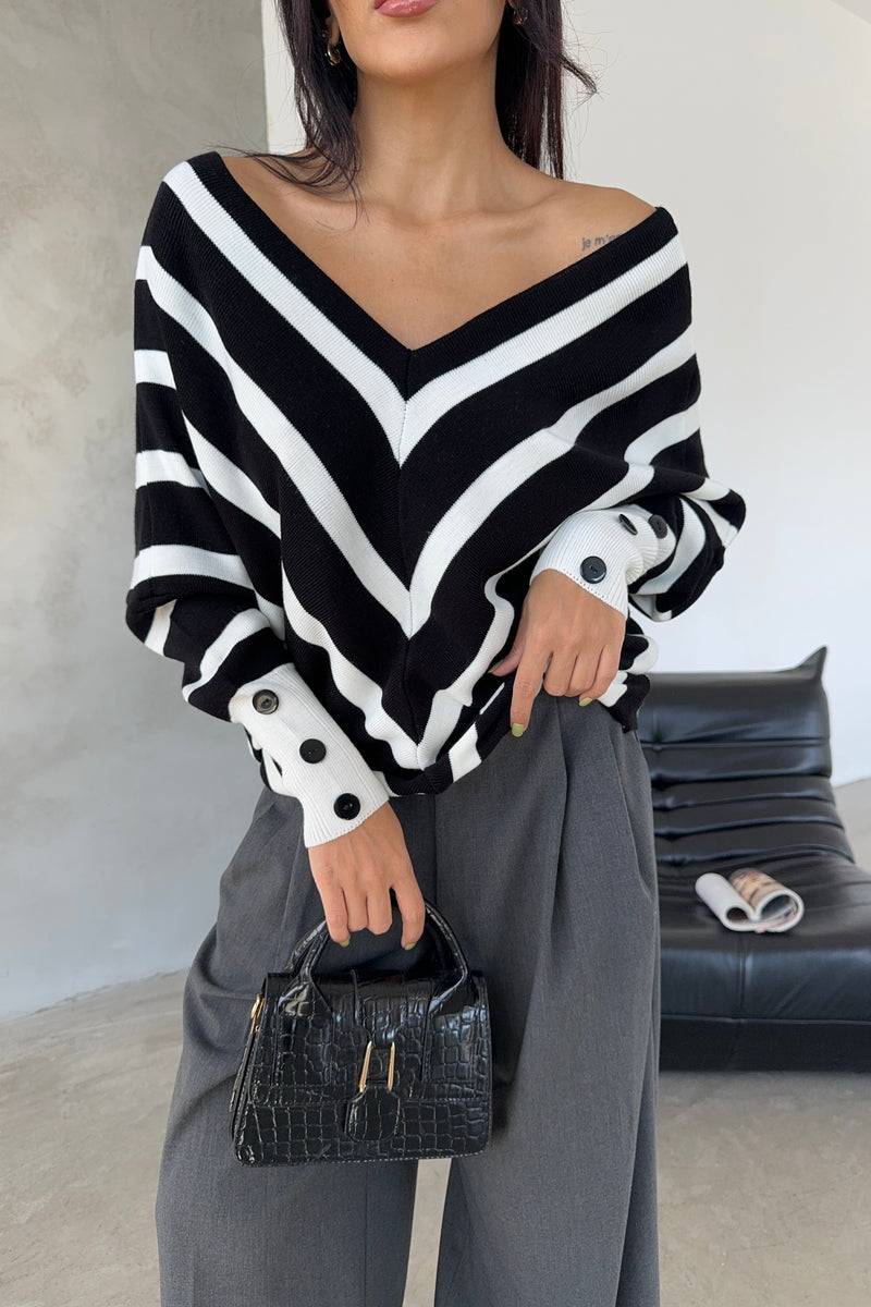 BLACK OFF-SHOULDER STRIPED KNIT SWEATER WITH BUTTON DETAILS