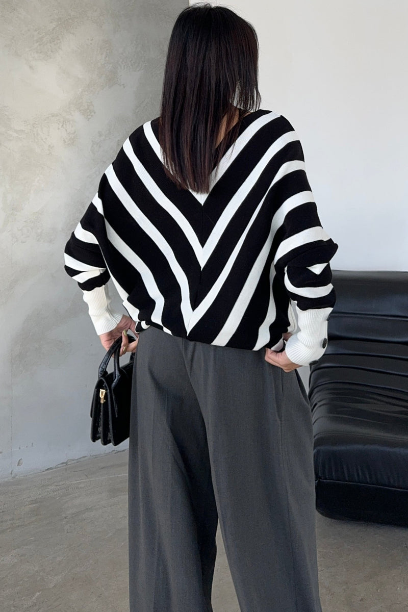 BLACK OFF-SHOULDER STRIPED KNIT SWEATER WITH BUTTON DETAILS