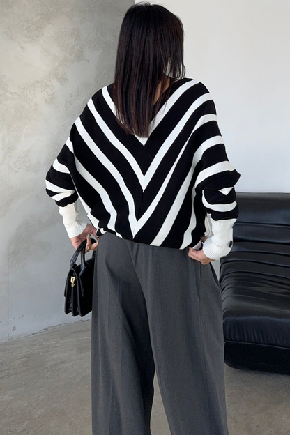 BLACK OFF-SHOULDER STRIPED KNIT SWEATER WITH BUTTON DETAILS