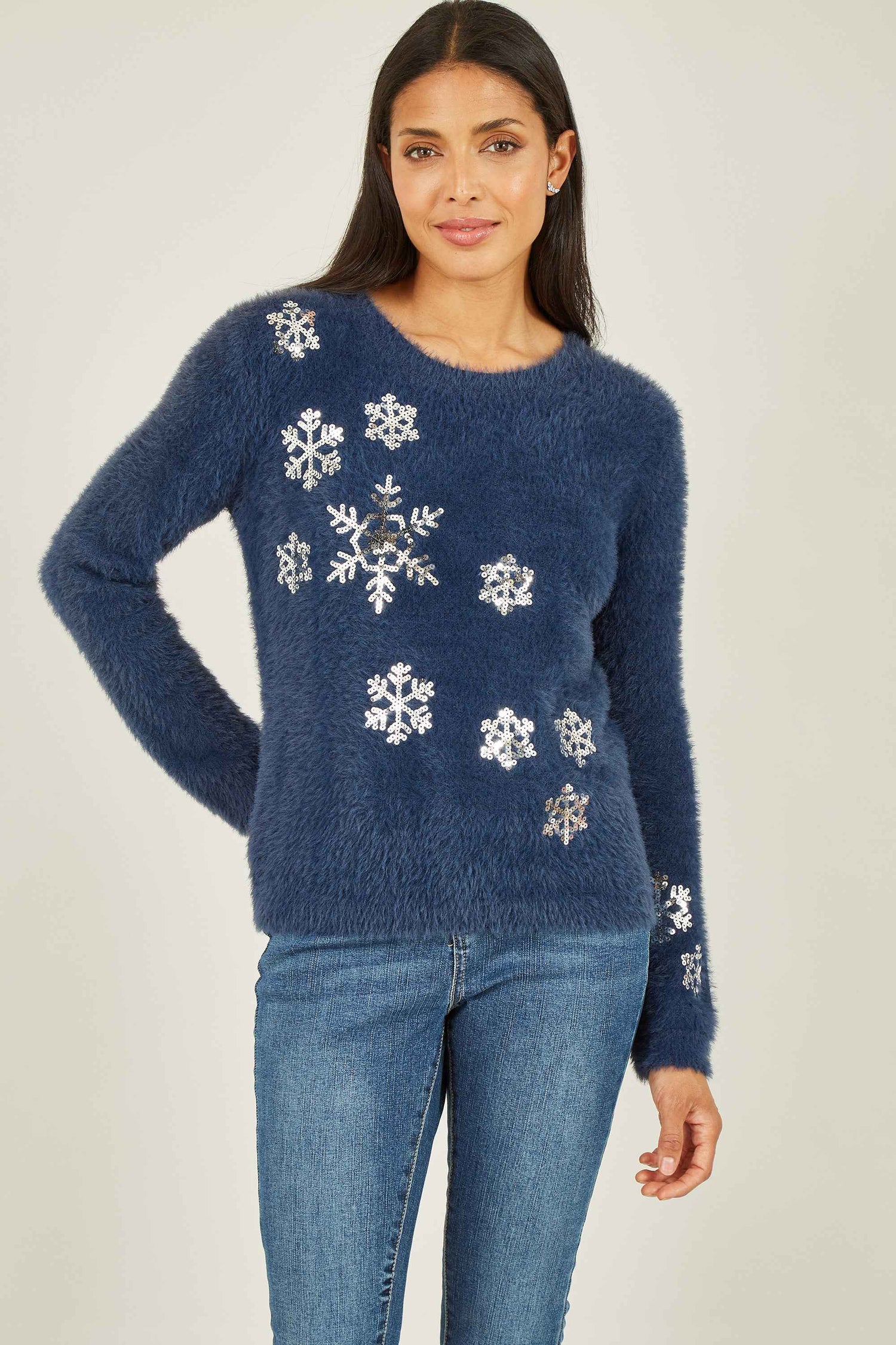 Yumi Navy Sequin Snowflake Fluffy Jumper