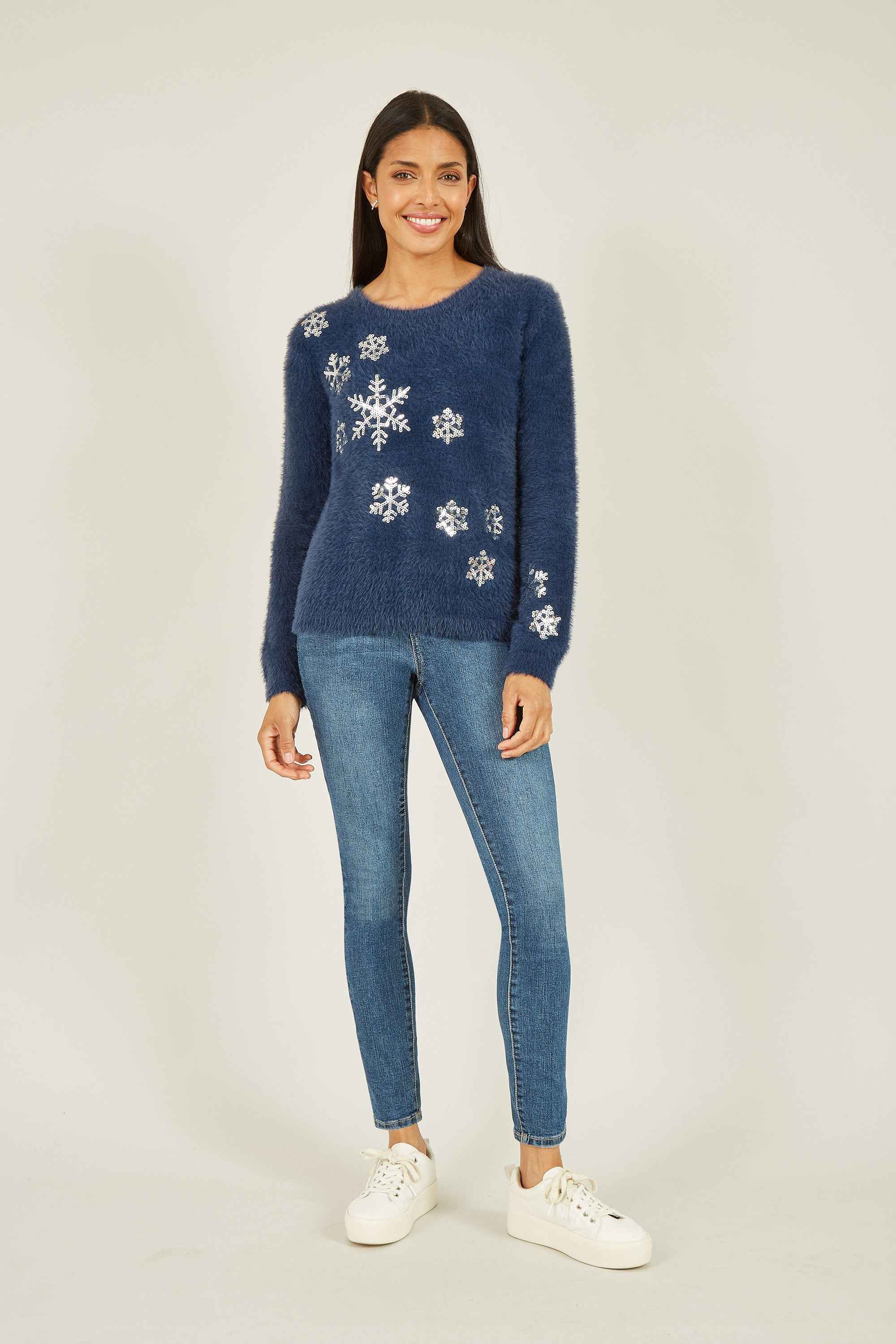 Yumi Navy Sequin Snowflake Fluffy Jumper