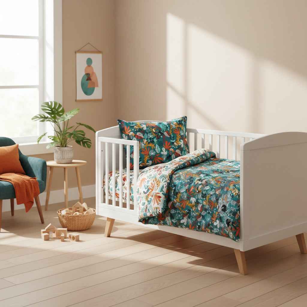 FORREST 3 Piece Reversible Cot Bed Set – Organic Cotton Baby Bedding - Rainforest