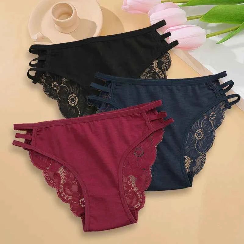 3PC/Set Women Sexy Lace Panties Low Rise Hollow Out Briefs Floral Transparent Underwear for Feamale Elastic Straps Soft Lingerie