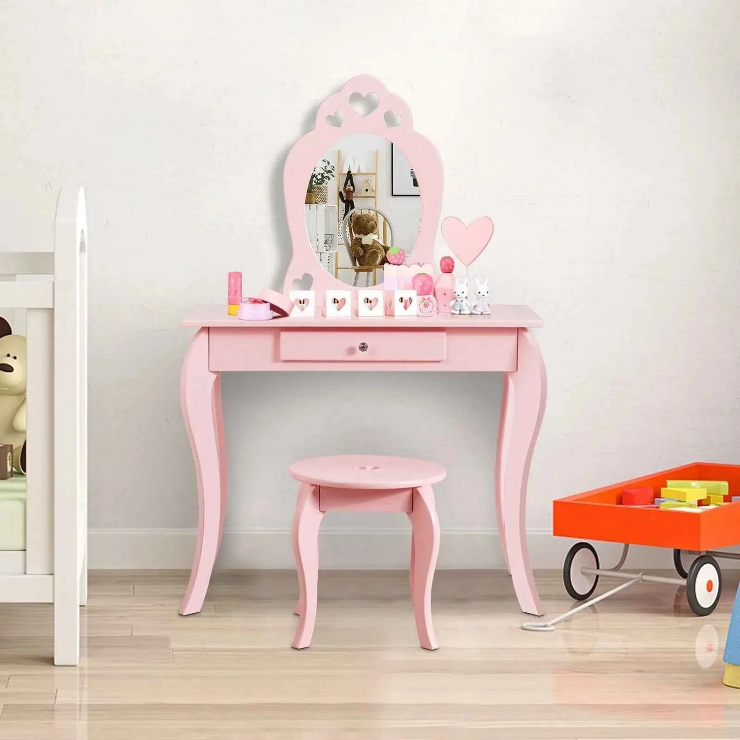 GOFLAME Kids Vanity Set, Princess Pretend Beauty Makeup Table &amp; Stool Set w/ Mirror &amp; Drawer