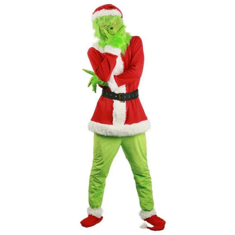 Grinch Christmas Costume for Adults Green Fleece Santa Suit with Red White Trim Festive Holiday Party Outfit Cosplay Full Set