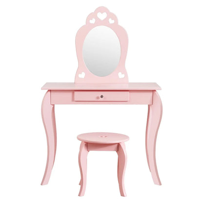GOFLAME Kids Vanity Set, Princess Pretend Beauty Makeup Table &amp; Stool Set w/ Mirror &amp; Drawer