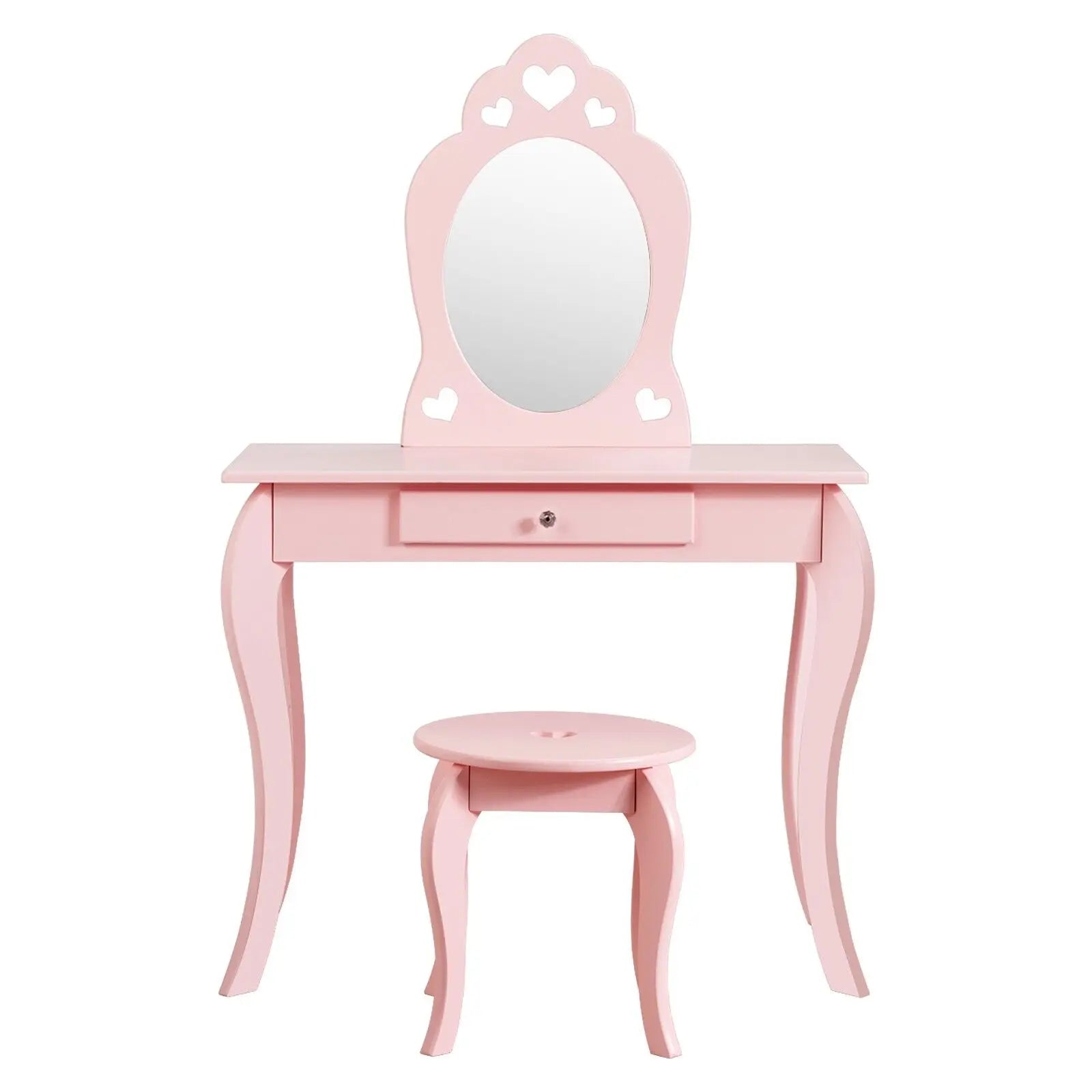 GOFLAME Kids Vanity Set, Princess Pretend Beauty Makeup Table &amp; Stool Set w/ Mirror &amp; Drawer
