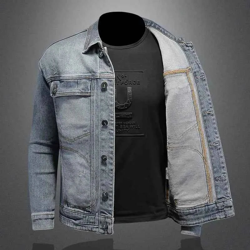 Men’s Classic Denim Jacket – Retro Casual Streetwear Outerwear with Turn-Down Collar and Button Closure, All-Season Fashion Coat