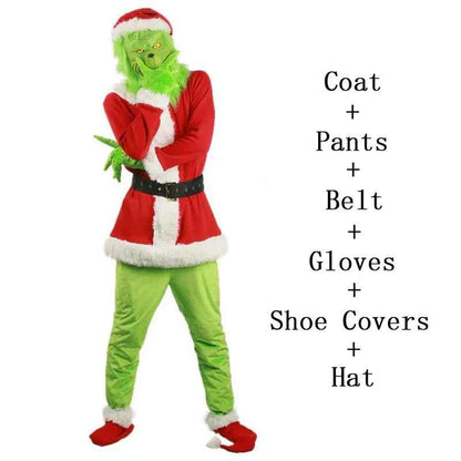 Grinch Christmas Costume for Adults Green Fleece Santa Suit with Red White Trim Festive Holiday Party Outfit Cosplay Full Set