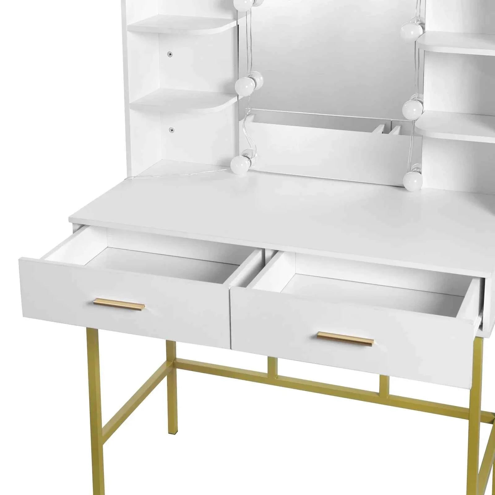 White Gold Vanity Desk with Mirror LED Lighting 2 Drawers Modern Dresser Dressing Table Makeup Table for Bedroom Household Home