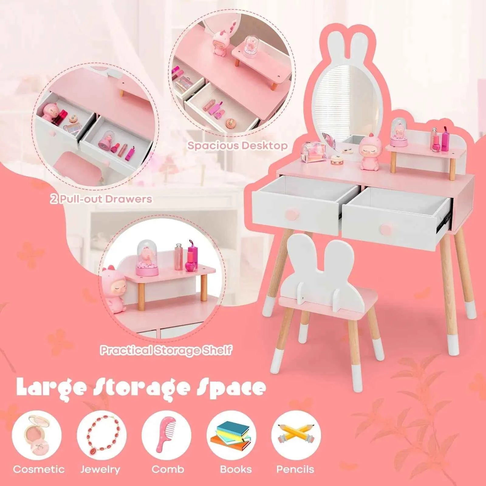 GOFLAME Vanity Set with Mirror, 2-in-1 Princess Makeup Dressing Table with Rabbit-ear-shaped Stool &amp; Mirror