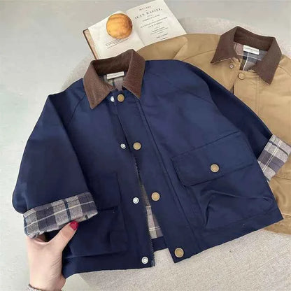 Boys Plaid Lined Jacket, Spring Autumn Cotton Coat
