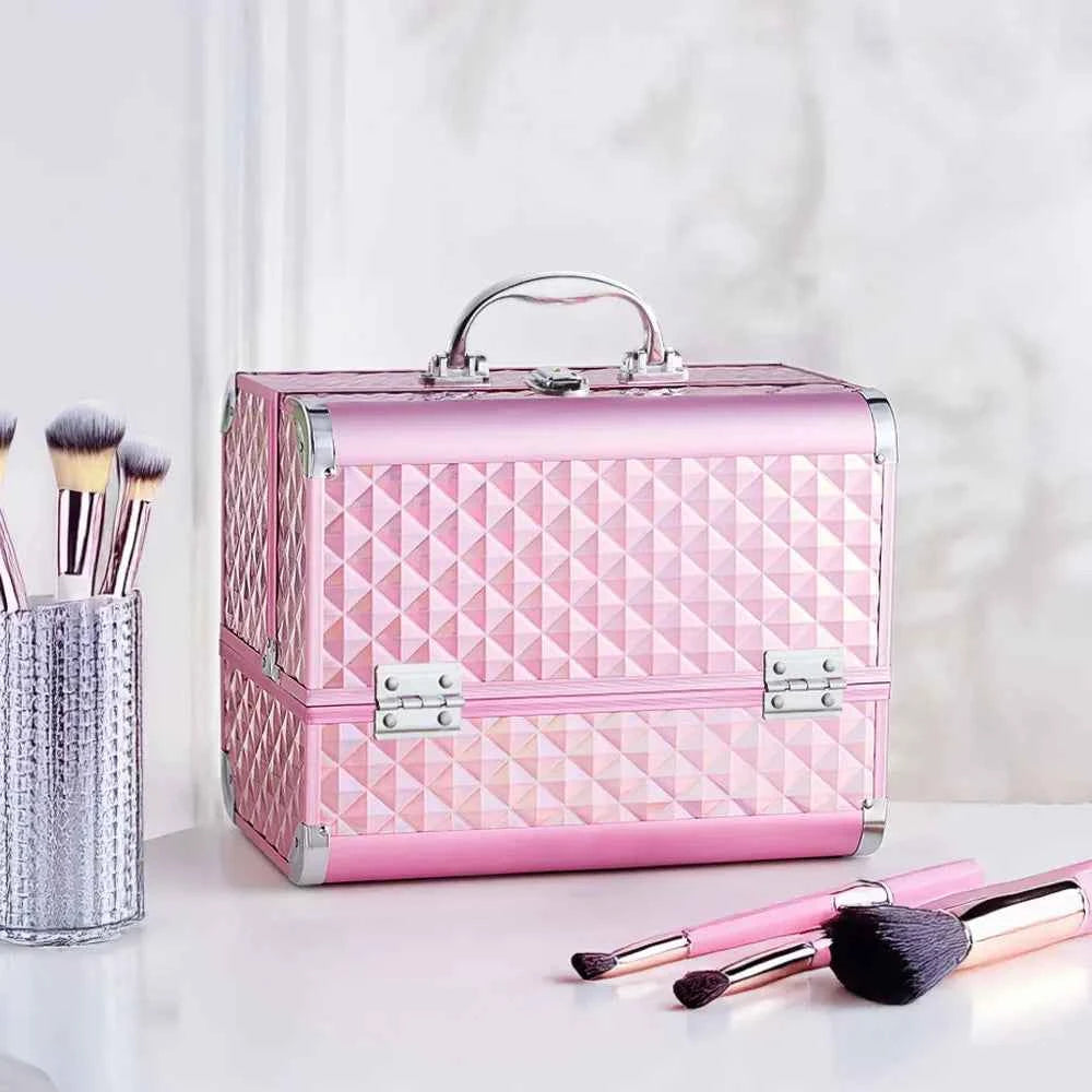 Modishion Professional Makeup Case Portable Makeup Case 2 Trays with Mirror Makeup Tool Storage Box Travel Makeup Case